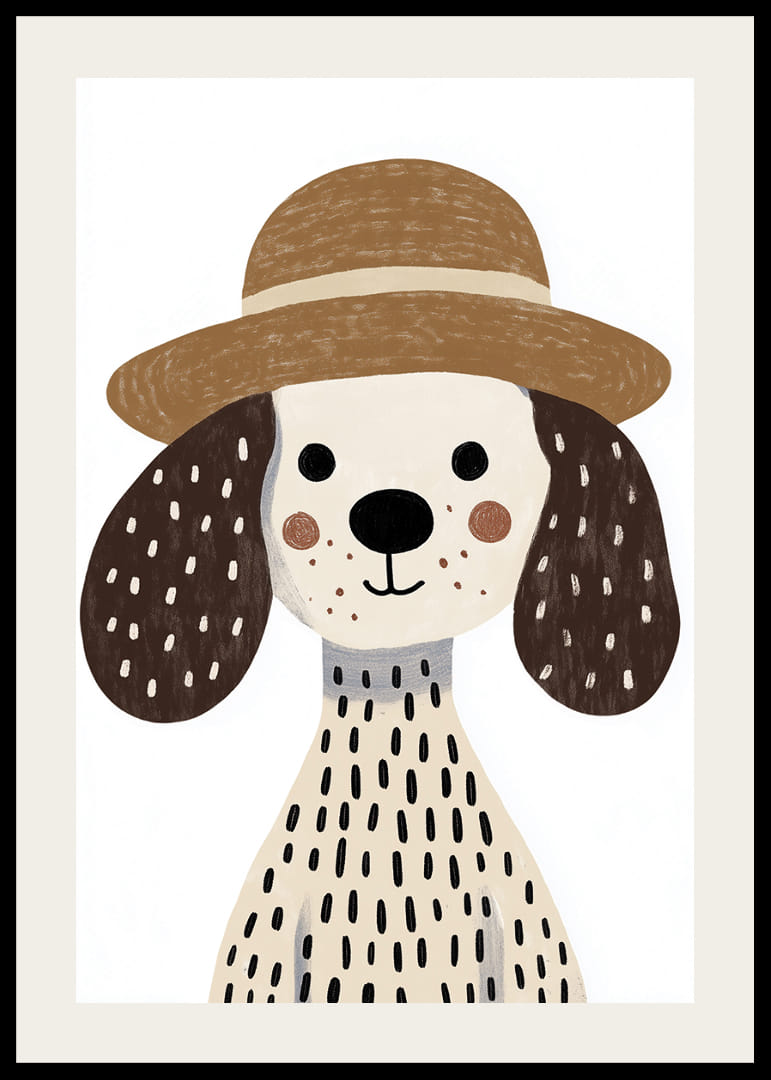Očarujúci pes so škvrnitou srsťou a slameným klobúkom šíri radosť.-12