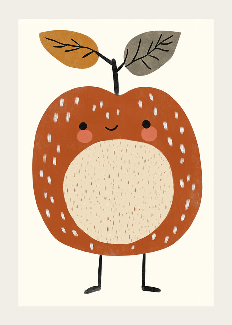 Măr fermecător de desene animate, cu un zâmbet și vârfuri cu frunze.-12