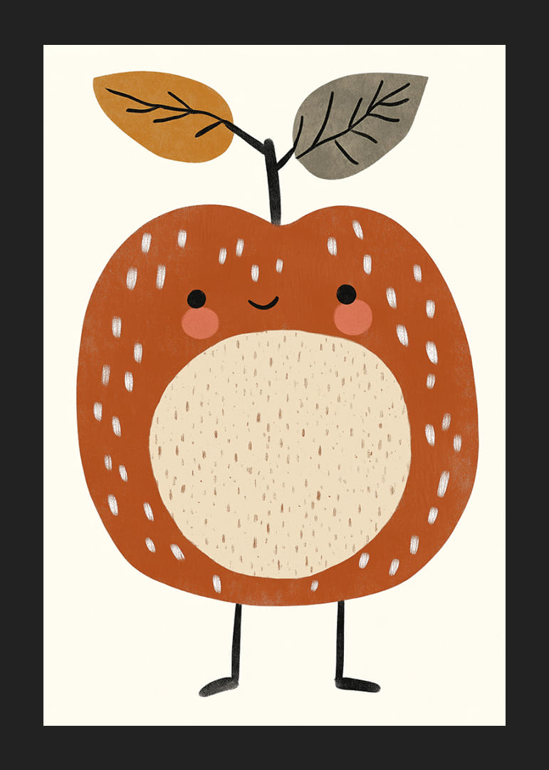 Măr fermecător de desene animate, cu un zâmbet și vârfuri cu frunze.-12