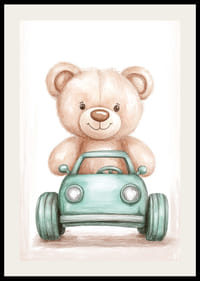 Ein süßer Teddybär fährt voller Freude ein kleines Auto.-2