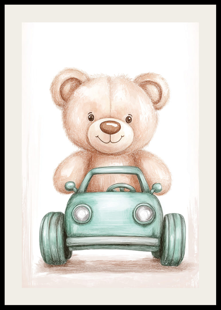 Ein süßer Teddybär fährt voller Freude ein kleines Auto.-12