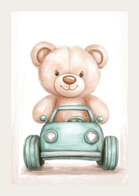 Ein süßer Teddybär fährt voller Freude ein kleines Auto.-3