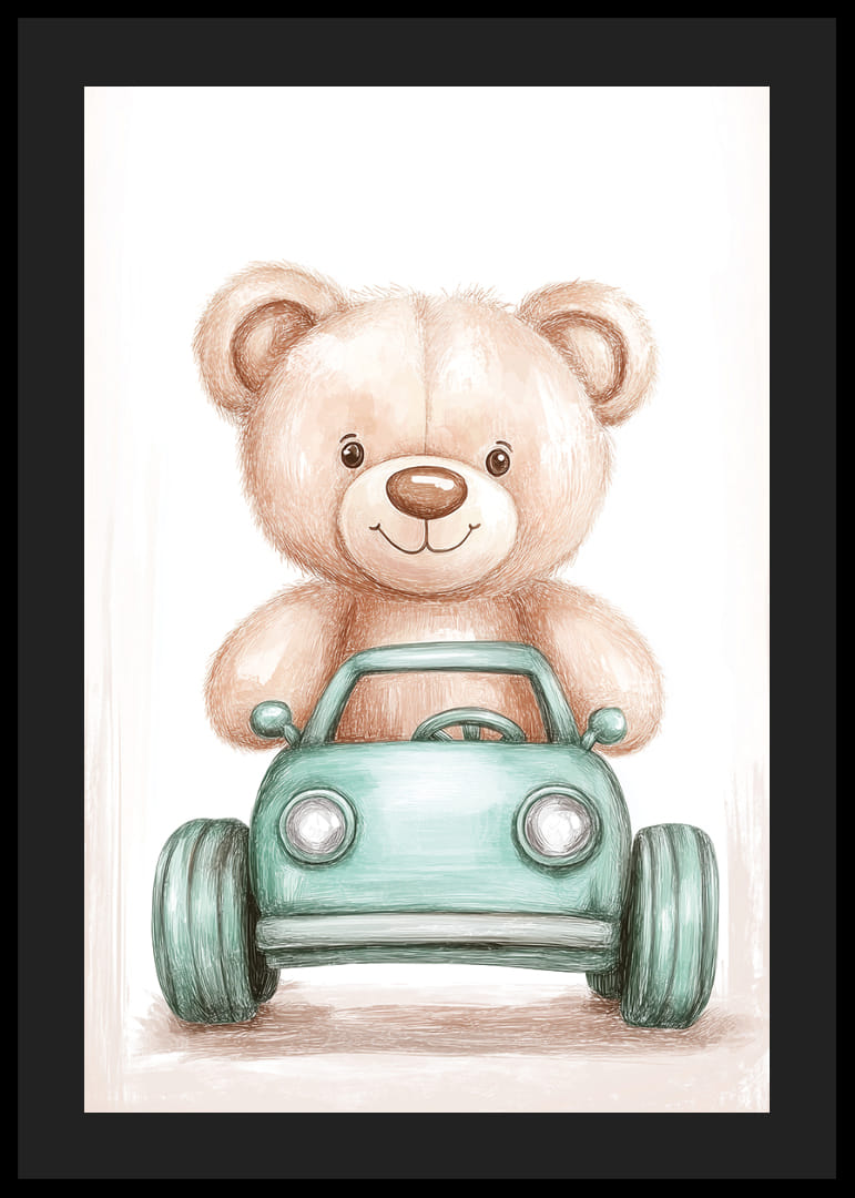 Ein süßer Teddybär fährt voller Freude ein kleines Auto.-12