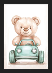 Ein süßer Teddybär fährt voller Freude ein kleines Auto.-5