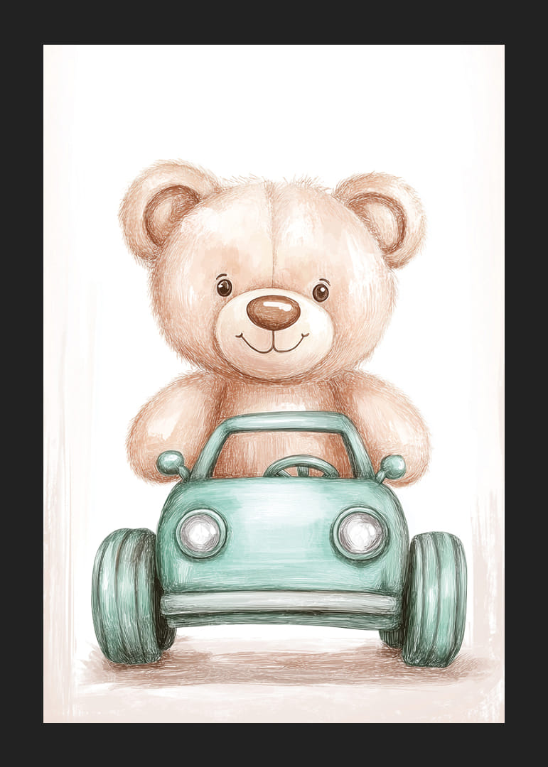 Ein süßer Teddybär fährt voller Freude ein kleines Auto.-12