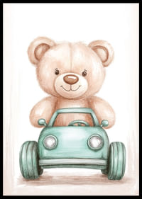 Een schattige teddybeer rijdt vol vreugde in een kleine auto.-2