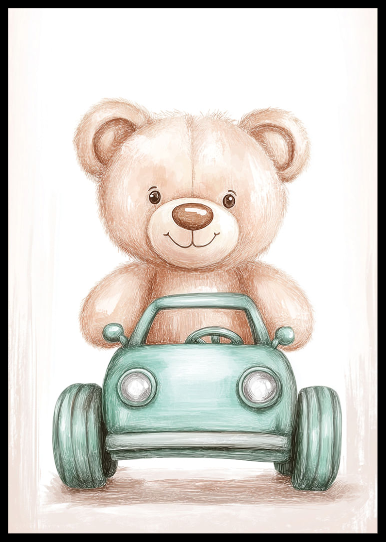 Een schattige teddybeer rijdt vol vreugde in een kleine auto.-12