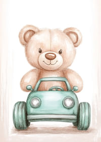 Een schattige teddybeer rijdt vol vreugde in een kleine auto.-3