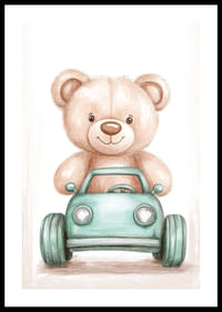 Een schattige teddybeer rijdt vol vreugde in een kleine auto.-0