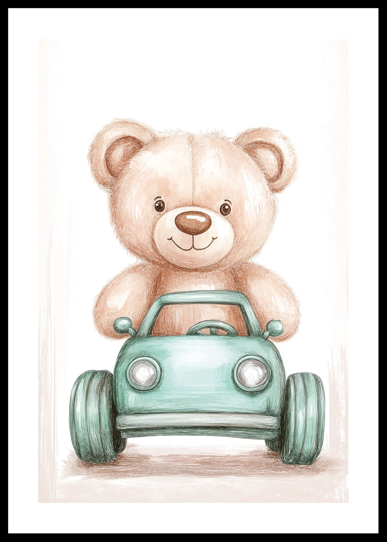 Een schattige teddybeer rijdt vol vreugde in een kleine auto.-12
