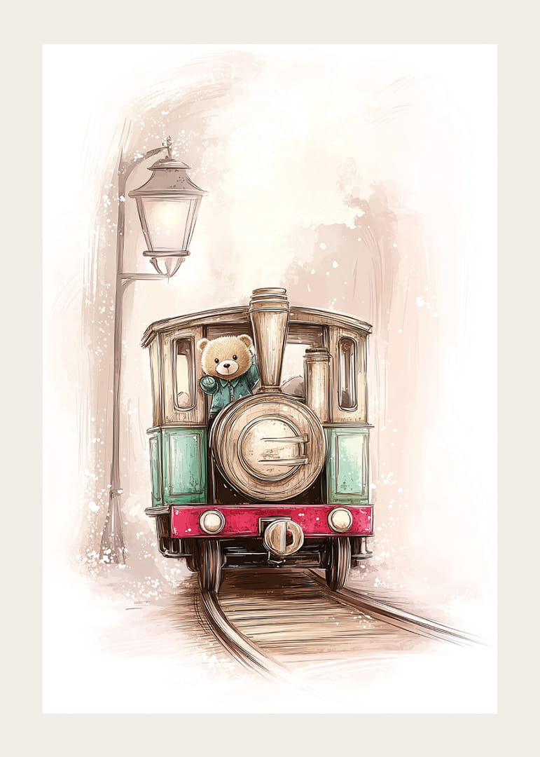 Un charmant voyage en train avec un ours en peluche à la barre.-12