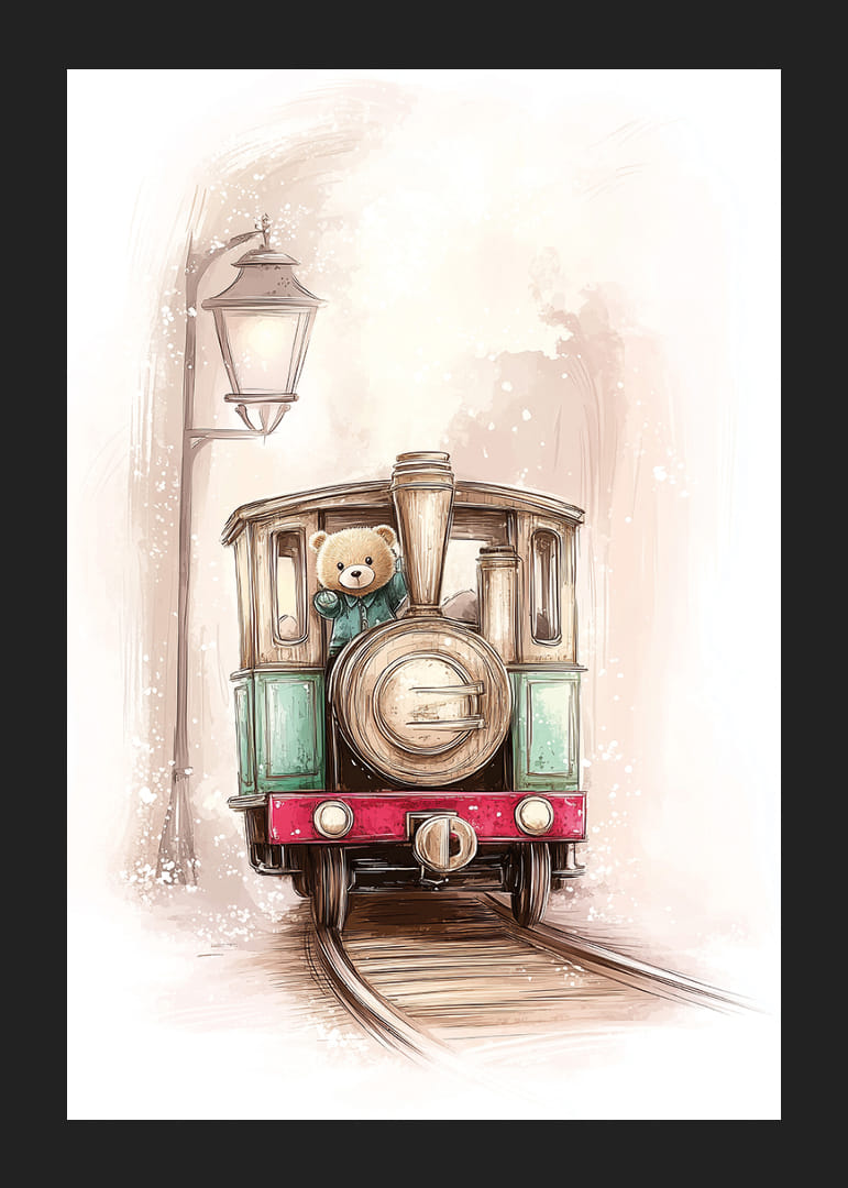 Un charmant voyage en train avec un ours en peluche à la barre.-12