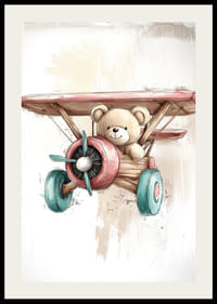 Jemne namaľovaný medvedík na dobrodružstve vo farebnom lietadle.-2