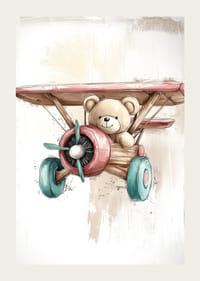 Jemne namaľovaný medvedík na dobrodružstve vo farebnom lietadle.-3