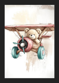 Jemne namaľovaný medvedík na dobrodružstve vo farebnom lietadle.-5