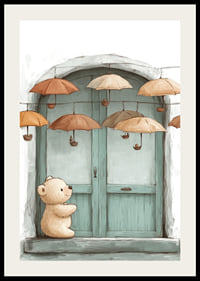 A charming encounter between a teddy bear and floating umbrellas.-2
