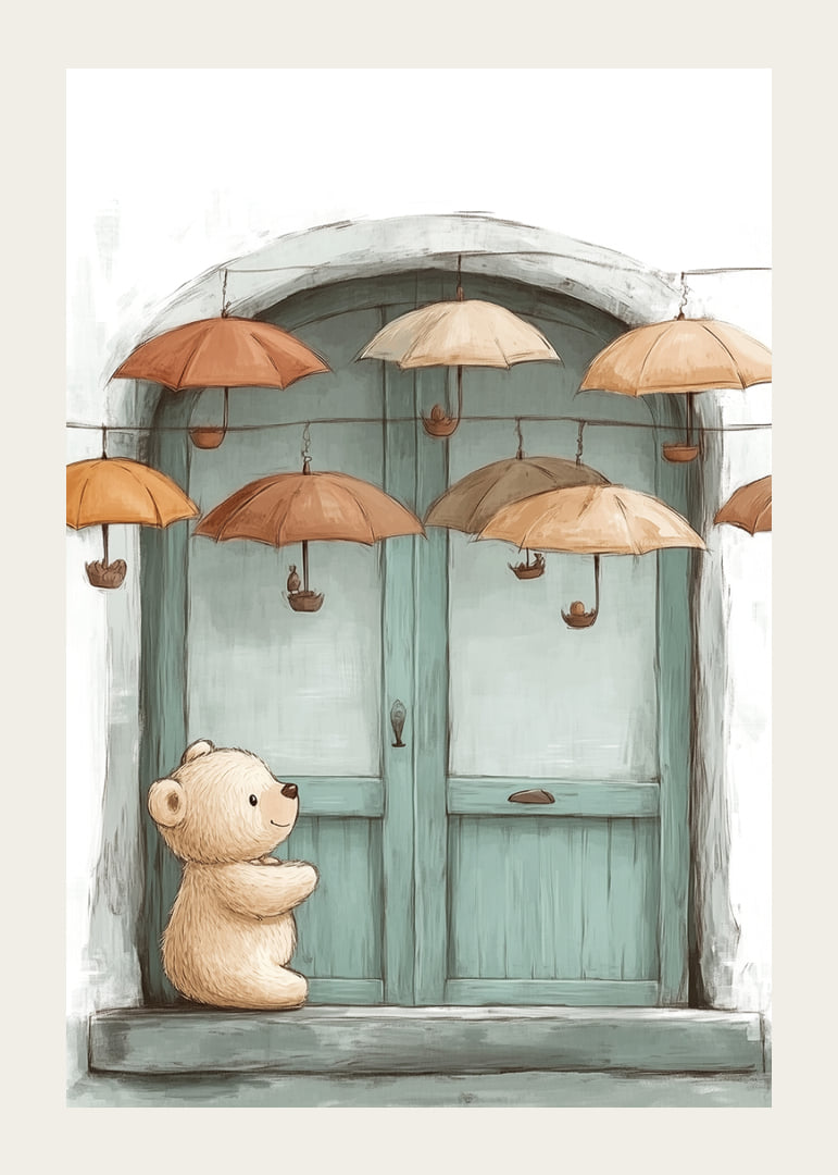 A charming encounter between a teddy bear and floating umbrellas.-12