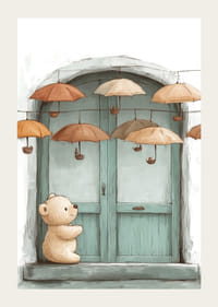 Egy bájos találkozás egy plüssmackó és lebegő esernyők között.-3