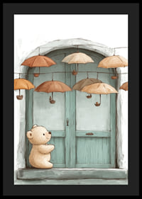A charming encounter between a teddy bear and floating umbrellas.-4