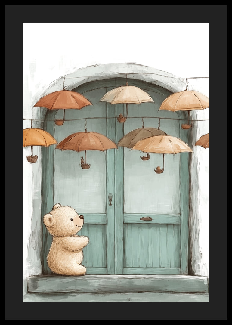 A charming encounter between a teddy bear and floating umbrellas.-12