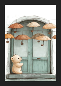 A charming encounter between a teddy bear and floating umbrellas.-5