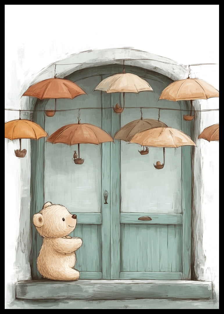 A charming encounter between a teddy bear and floating umbrellas.-12