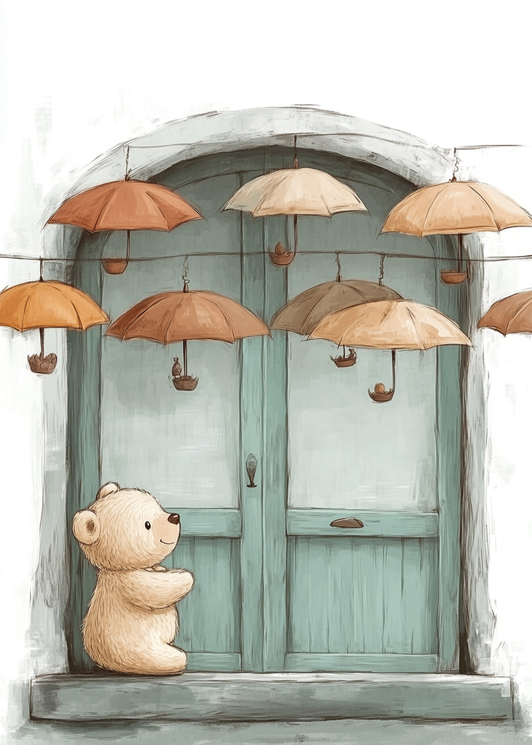 A charming encounter between a teddy bear and floating umbrellas.-12