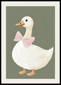 Charming duck with pink bow on green background.-2