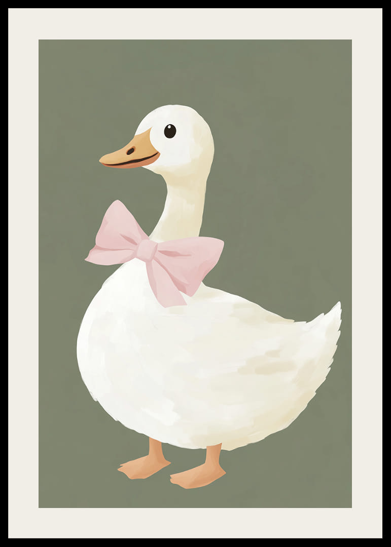 Očarujúca kačička s ružovou mašľou na zelenom pozadí.-12