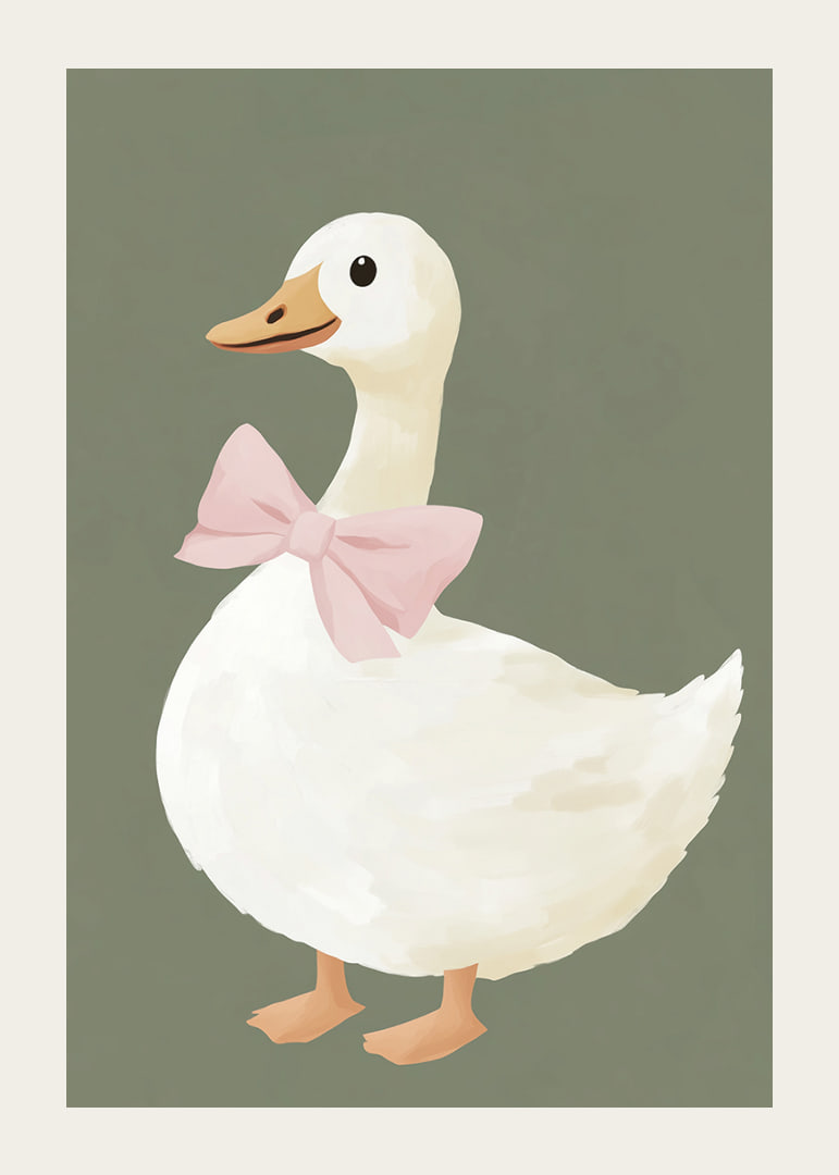 Charming duck with pink bow on green background.-12