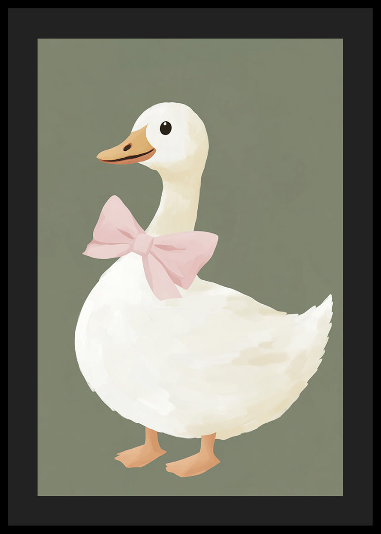 Charming duck with pink bow on green background.-12