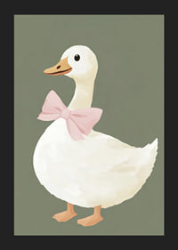 Charming duck with pink bow on green background.-5