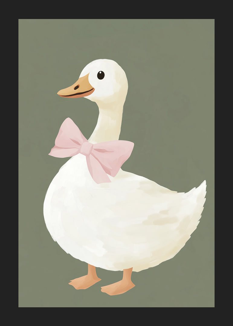 Charming duck with pink bow on green background.-12