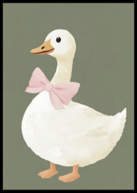 Charming duck with pink bow on green background.-6