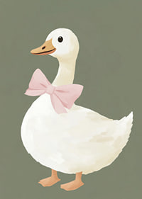 Charming duck with pink bow on green background.-7
