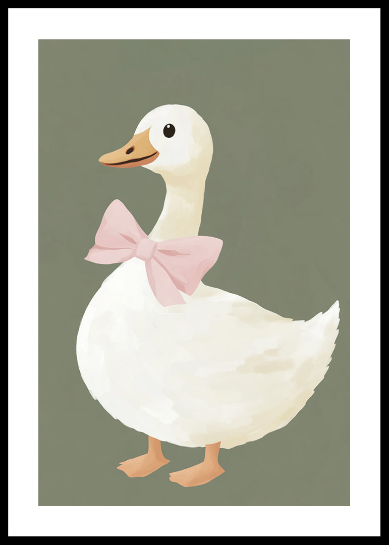 Charming duck with pink bow on green background.-12