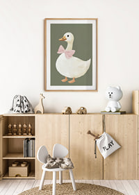 Charming duck with pink bow on green background.-8