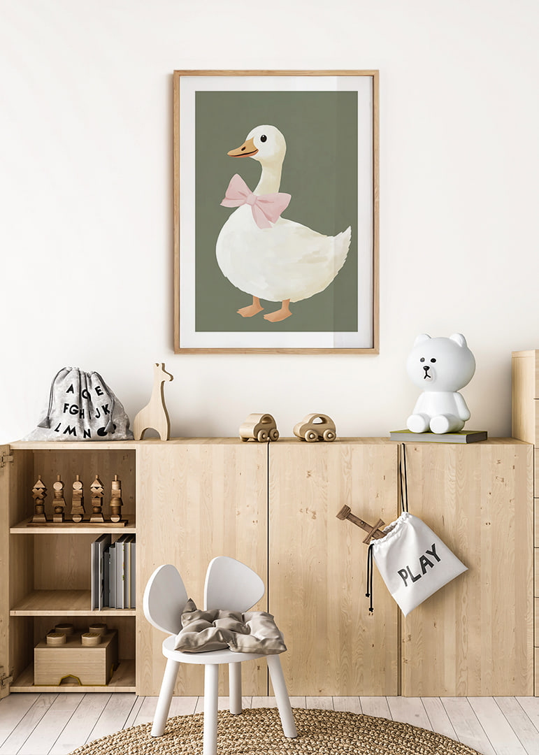 Charming duck with pink bow on green background.-12