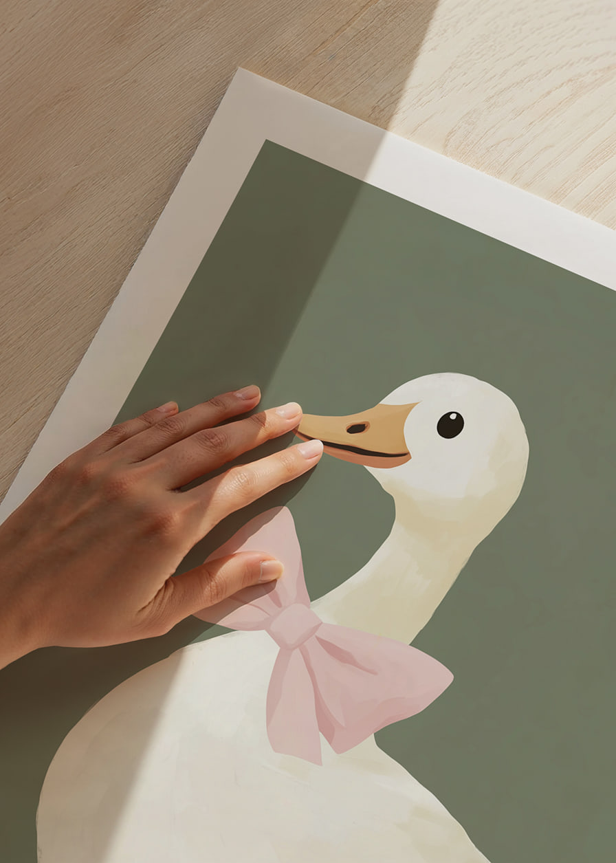 Charming duck with pink bow on green background.-12