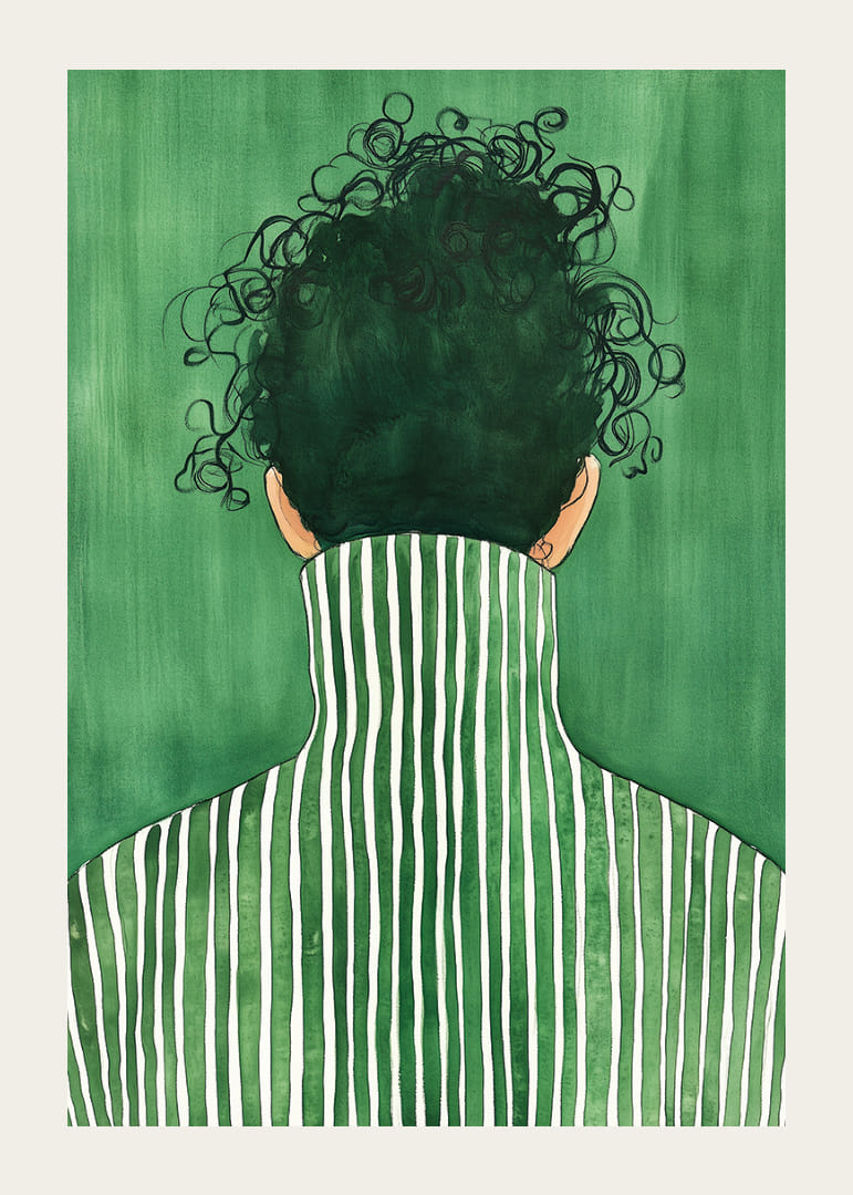 Egy személy, széles vonalakkal zöld háttér előtt.-12