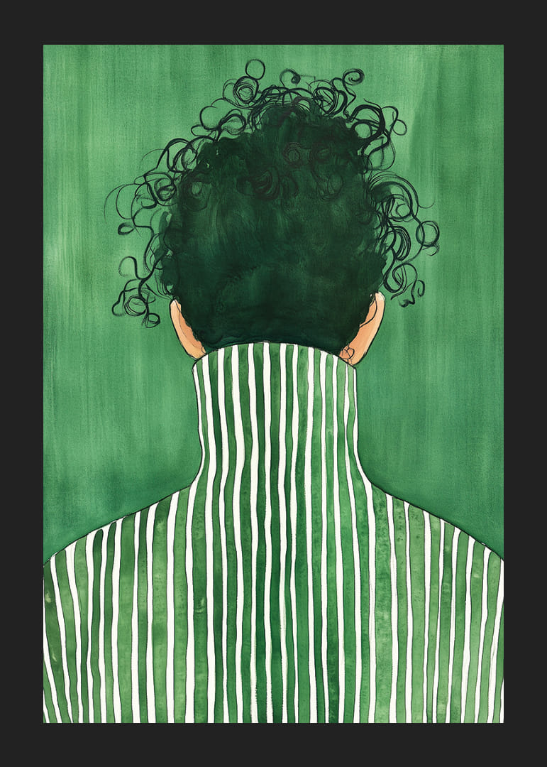 Egy személy, széles vonalakkal zöld háttér előtt.-12