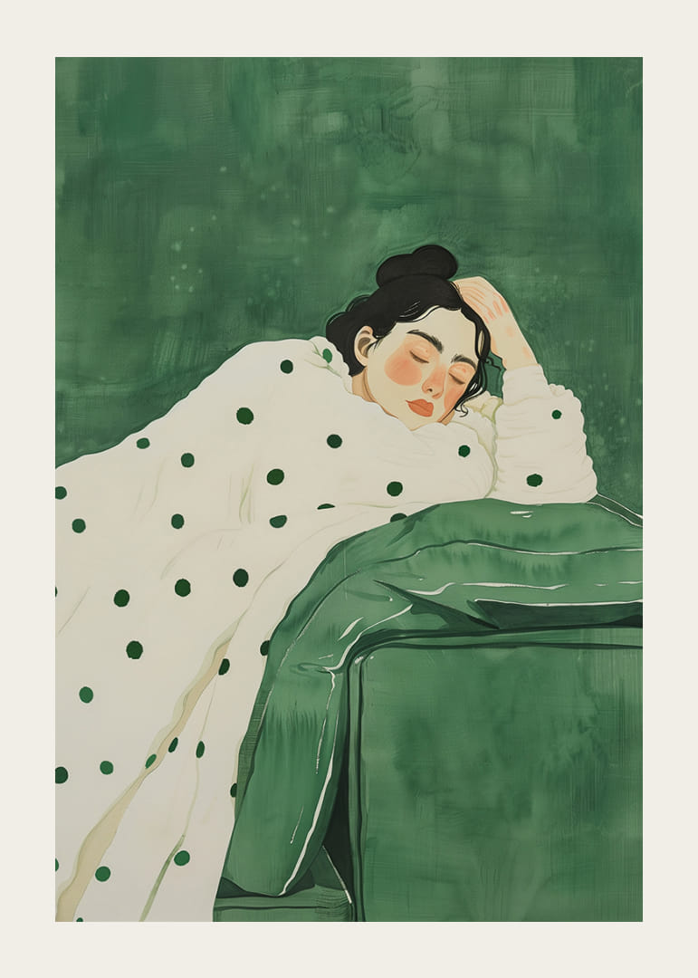 Lepäävä hahmo rauhoittavien vihreiden sävyjen syleilyssä.-12