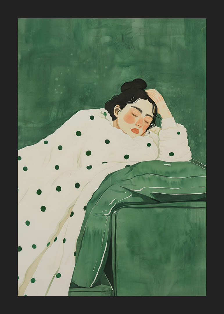 Lepäävä hahmo rauhoittavien vihreiden sävyjen syleilyssä.-12