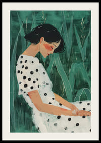 Moteris, ilsėdamasi žalių pievų apsuptyje, vilkinti taškuota suknele.-2