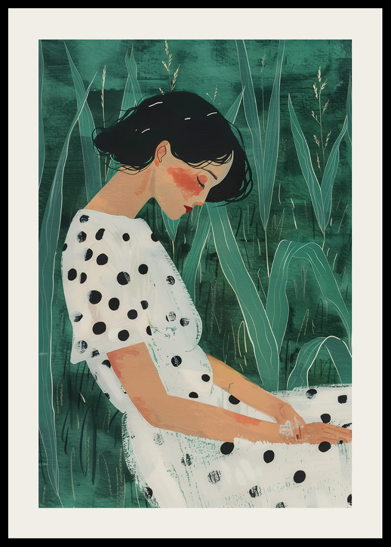 Moteris, ilsėdamasi žalių pievų apsuptyje, vilkinti taškuota suknele.-12