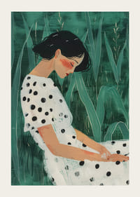 Moteris, ilsėdamasi žalių pievų apsuptyje, vilkinti taškuota suknele.-3