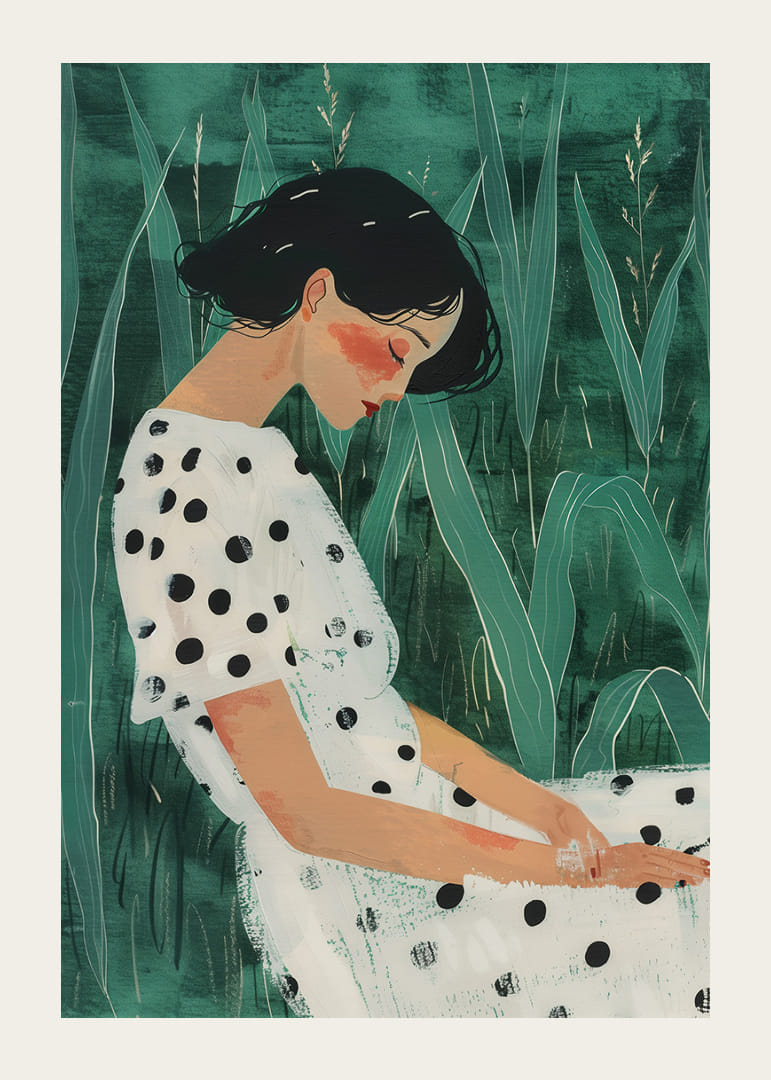 Moteris, ilsėdamasi žalių pievų apsuptyje, vilkinti taškuota suknele.-12