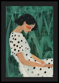 A woman at rest surrounded by green meadows, wearing a polka-dotted dress.-4