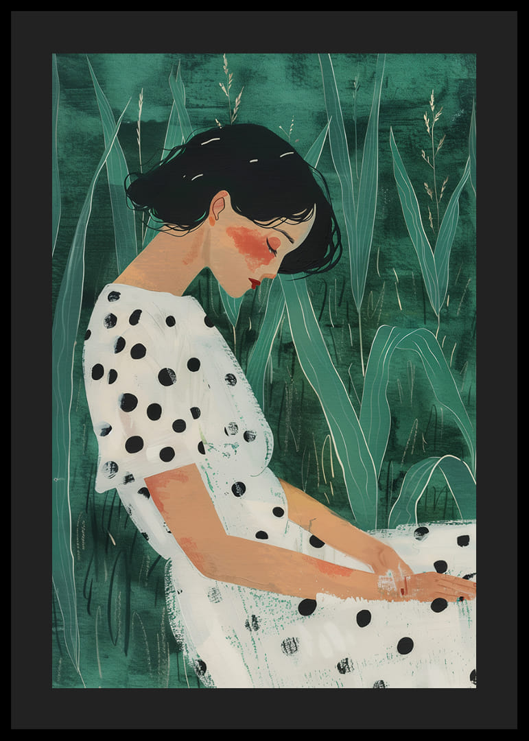 Moteris, ilsėdamasi žalių pievų apsuptyje, vilkinti taškuota suknele.-12