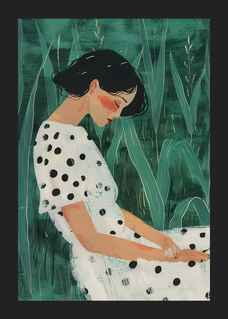 Moteris, ilsėdamasi žalių pievų apsuptyje, vilkinti taškuota suknele.-12